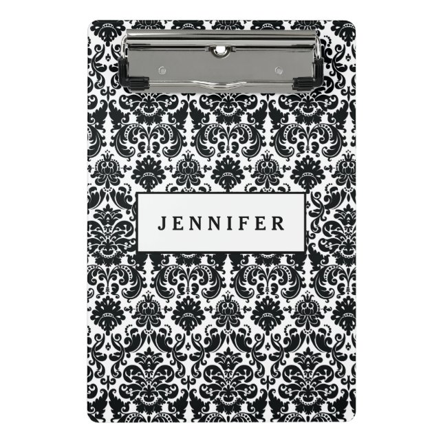 Elegant Black White Vintage Damask Pattern Mini Clipboard (Front)