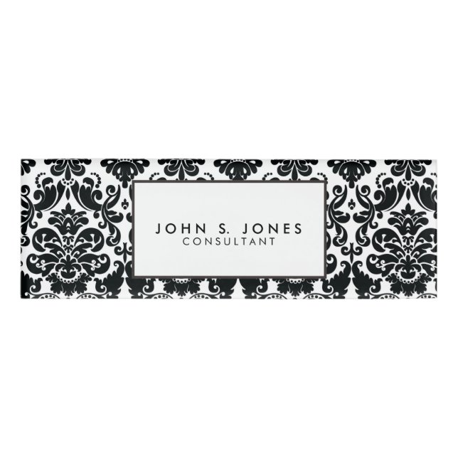 Elegant Black White Vintage Damask Pattern Name Tag (Front)