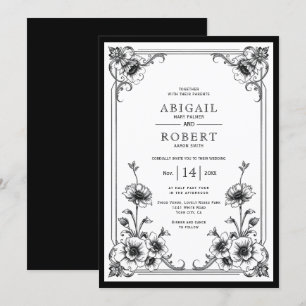 Elegant black white vintage floral frame wedding invitation