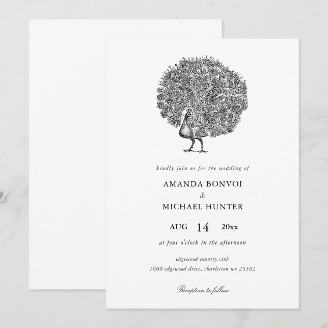 Elegant Black White Vintage Peacock Invitation (Front/Back)