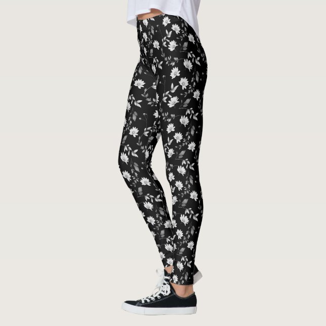 Elegant Black White Watercolor Floral Leggings (Left)