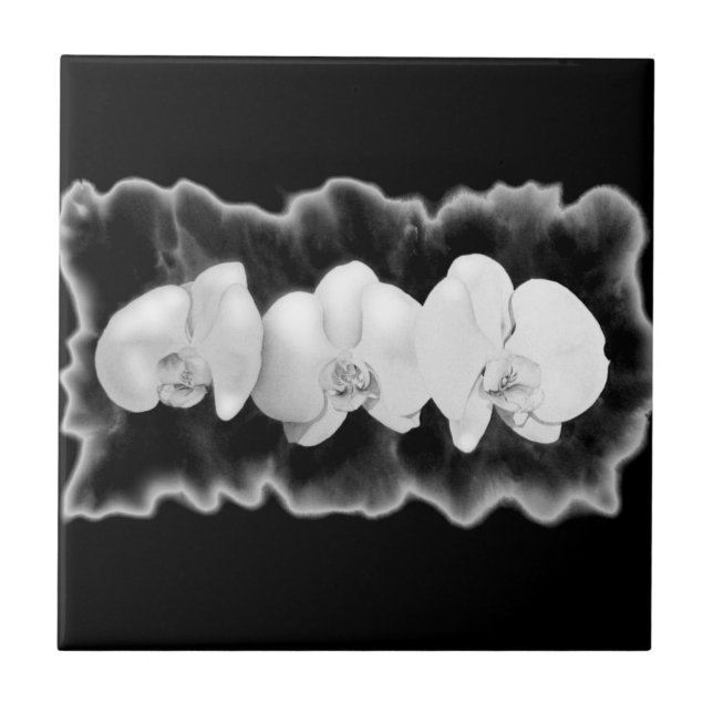 Elegant black white watercolor orchids tile (Front)