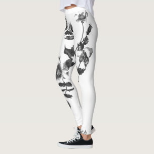 Elegant black white watercolor roses floral leggings