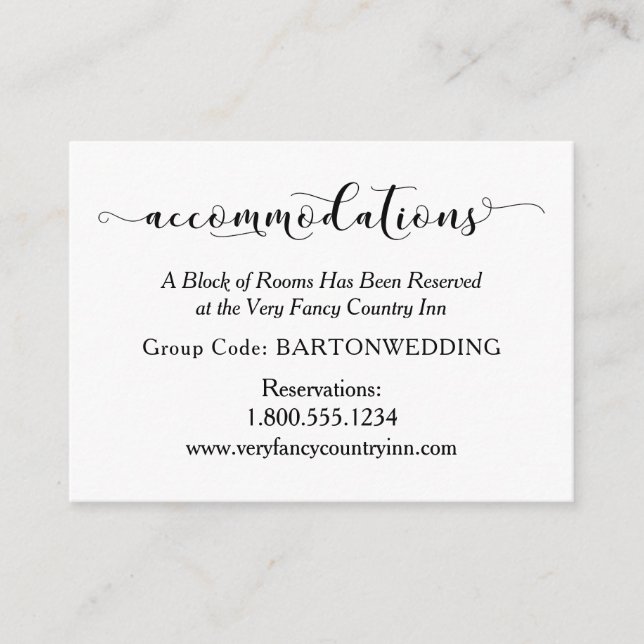 Elegant Black & White Wedding Accommodations Enclosure Card (Front)
