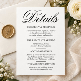 Elegant Black & White Wedding Details Card