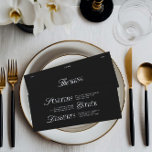 Elegant Black & White Wedding Dinner Menu Card<br><div class="desc">This sophisticated wedding menu card showcases a timeless black background with crisp white typography, blending modern minimalism with classic elegance. Ideal for black-tie receptions, city loft weddings, or contemporary formal celebrations, this design coordinates perfectly with the full Sabrina wedding stationery suite. Fully customisable — edit the menu, names, and date...</div>