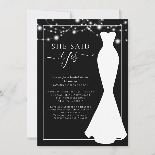 Elegant Black White Wedding Dress Bridal Shower Invitation (Front)
