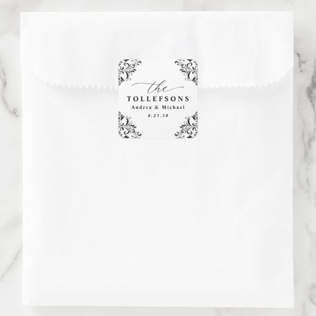 Elegant Black & White Wedding Favour Square Sticke Square Sticker (Bag)