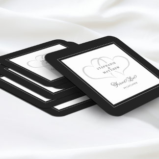 Elegant Black & White Wedding Hearts Forever Love Square Paper Coaster