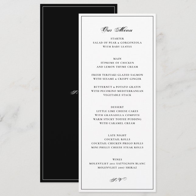 Elegant Black White Wedding Menu (Front/Back)