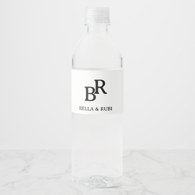 Elegant Black White Wedding Monogram Design Water Bottle Label (Front)