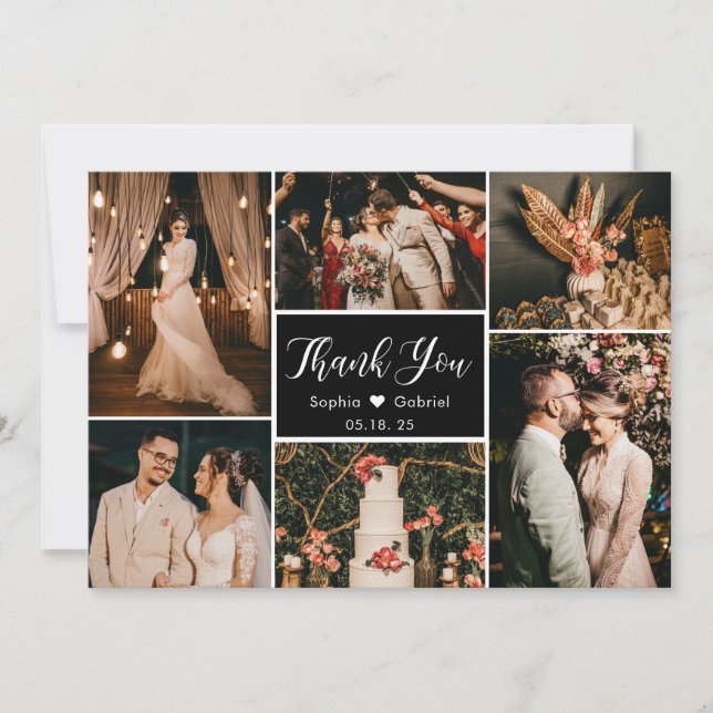 Elegant Black White Wedding Multi Photo Collage Thank You Card (Front)