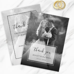 Elegant Black & White Wedding Photo Modern Script Thank You Card