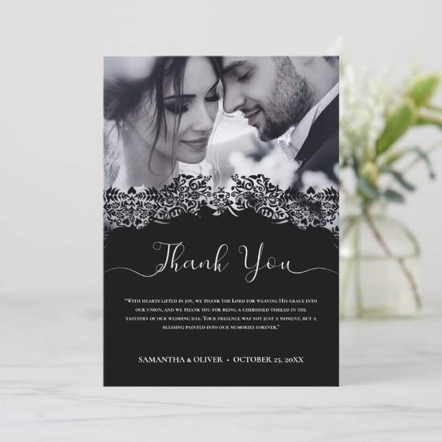 Elegant Black  White Wedding  Photo Thank You Card (Standing Front)