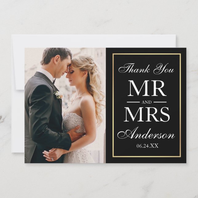 Elegant Black & White Wedding Photo Thank You G Card (Front)