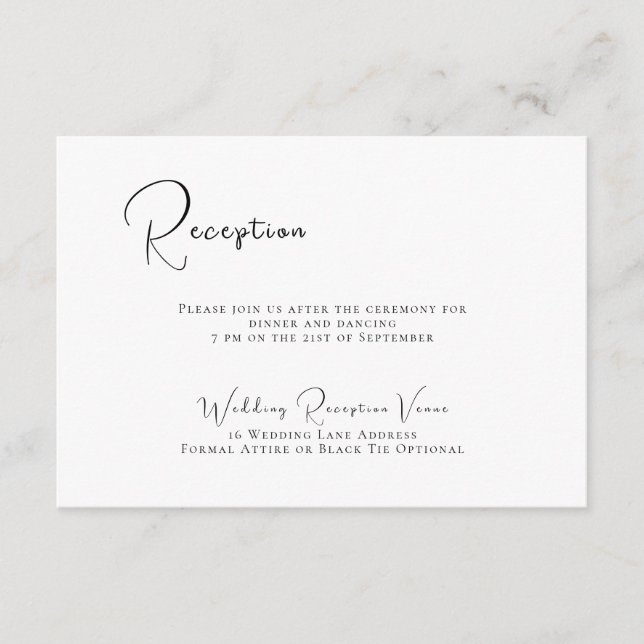 Elegant Black & White Wedding Reception Enclosure Card (Front)