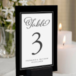 Elegant  Black & White Wedding Reception Table Number<br><div class="desc">Black & White wedding reception table number design features a beautiful chic border in black that includes an elegant petite white border. Calligraphy and script are charcoal grey on a white background. A modern template for date and year complements the unique calligraphy design. [NOTE: The wedding date display as shown,...</div>