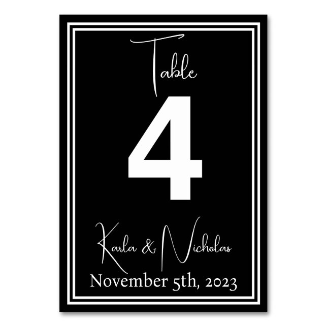 Elegant Black & White Wedding Table Number (Front)