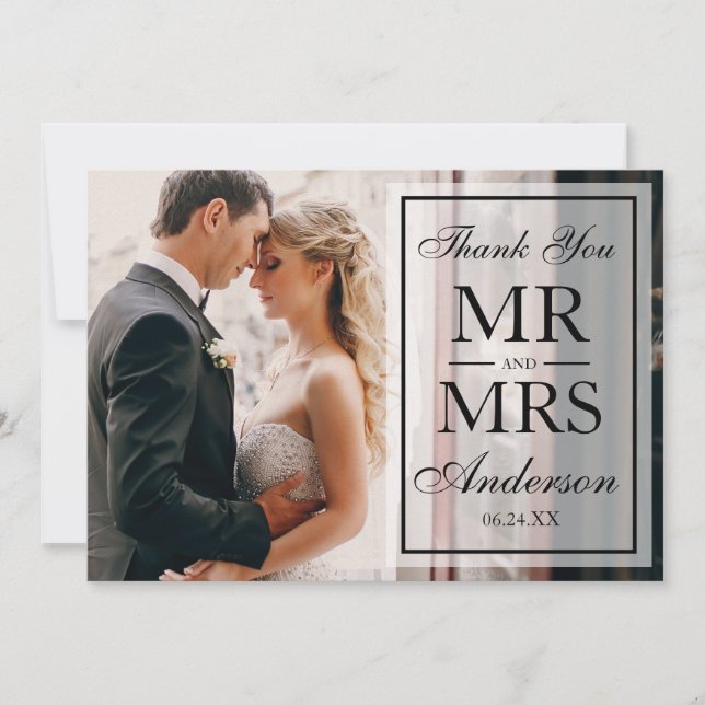 Elegant Black & White Wedding Thank You Photo Blk Card (Front)