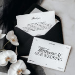 Elegant Black & White Wedding Welcome Card<br><div class="desc">Greet your guests in style with this elegant black and white wedding welcome card. Featuring a deep black background paired with refined serif and graceful script typography, this design creates a timeless and sophisticated first impression. Fully customisable — personalise with your wedding date, names, and location to make it uniquely...</div>