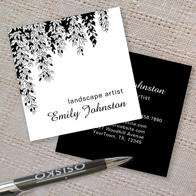 Elegant Black White Weeping Birch Branch Botanical Square Business Card (Creator Uploaded)