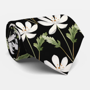Elegant Black White Wildflowers Neck Tie