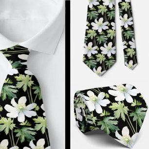 Elegant Black White Wildflowers Neck Tie