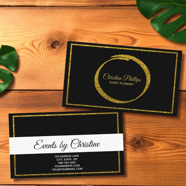 Elegant Black, White, with Gold Glitter Border Business Card (template business card front and back)