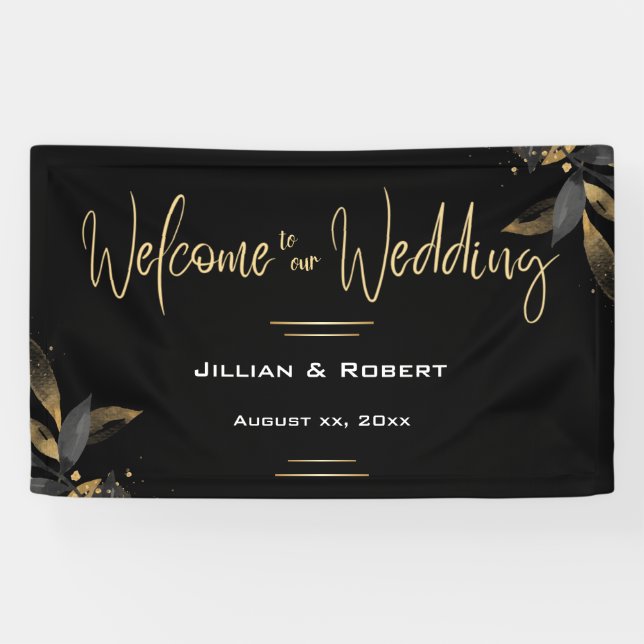 Elegant Black & White, With Gold Wedding Hanging Banner (Horizontal)