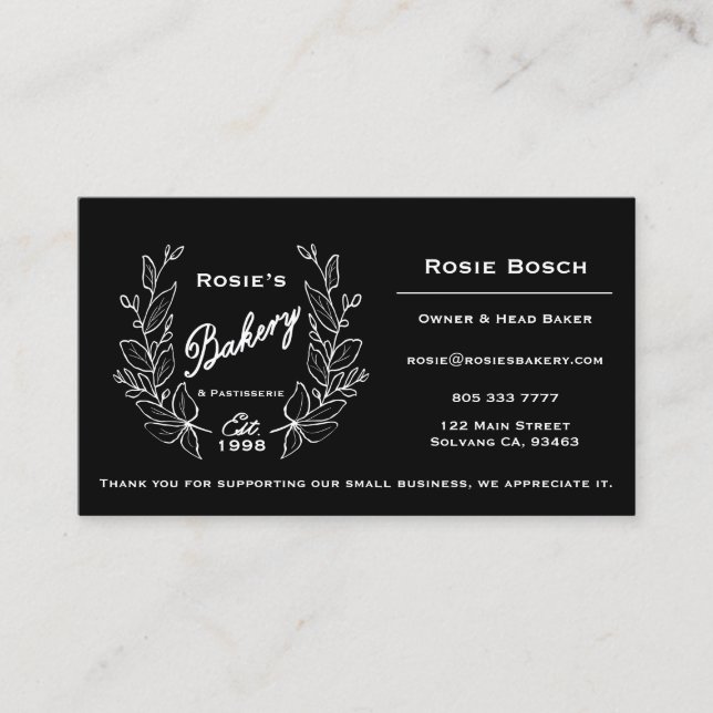 Elegant Black White Wreath Bakery Logo Business Card (Front)
