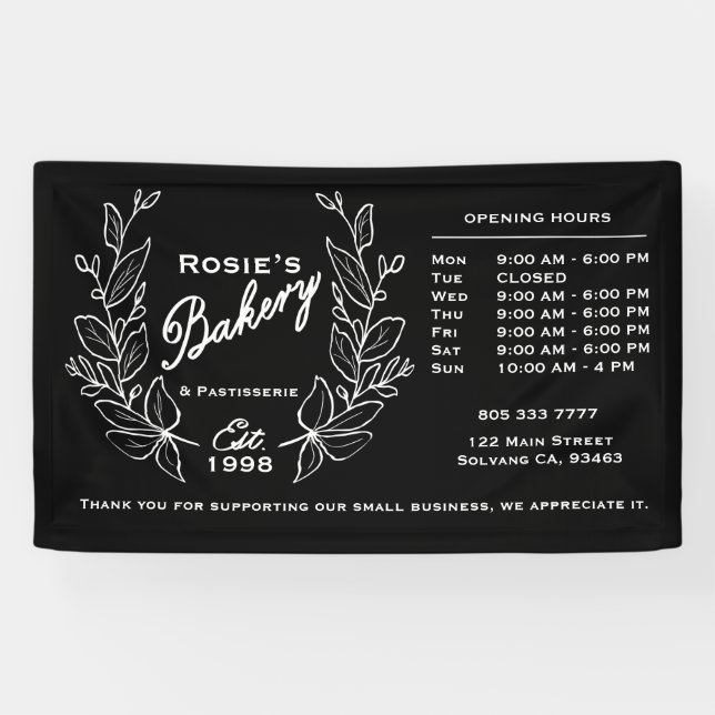 Elegant Black White Wreath Bakery Logo | Hours Ban Banner (Horizontal)