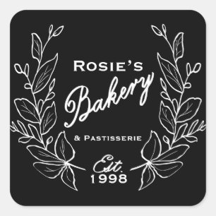 Elegant Black White Wreath Bakery Script Logo Square Sticker