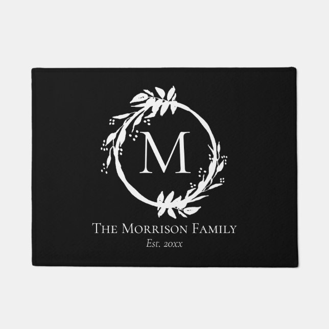 Elegant Black White Wreath Family Name Monogram Doormat (Front)