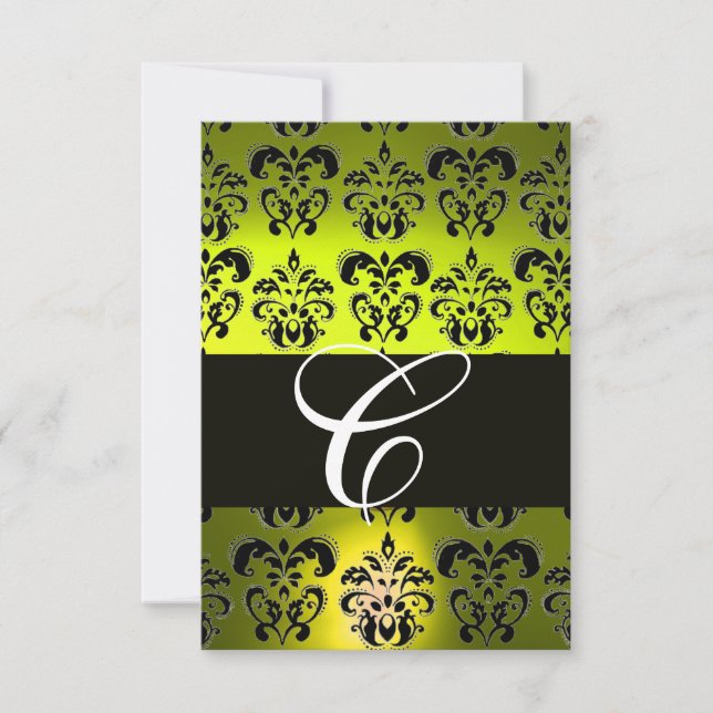 ELEGANT BLACK WHITE YELLOW DAMASK MONOGRAM RSVP CARD (Front)
