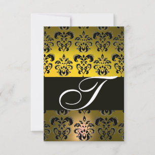 ELEGANT BLACK WHITE YELLOW DAMASK MONOGRAM RSVP CARD