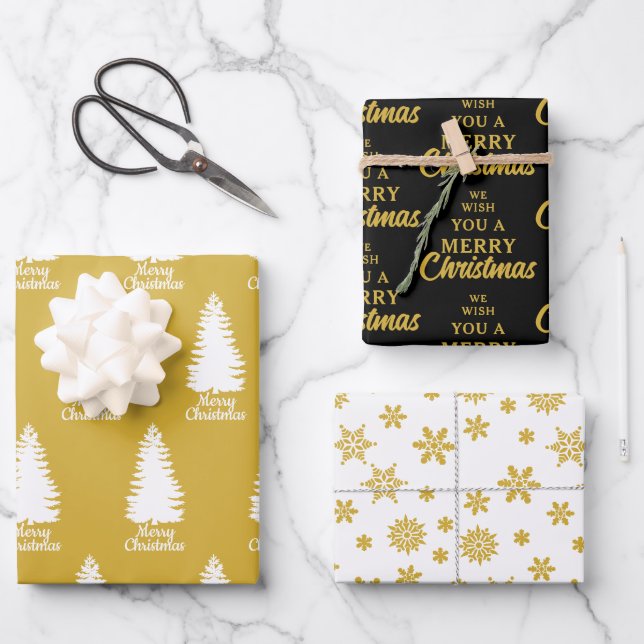 Elegant Black White & Yellow Merry Christmas Wrapping Paper Sheet (Front)
