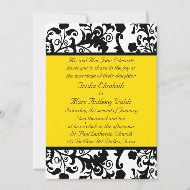 Elegant Black, White, & Yellow Wedding Invitation (Front)