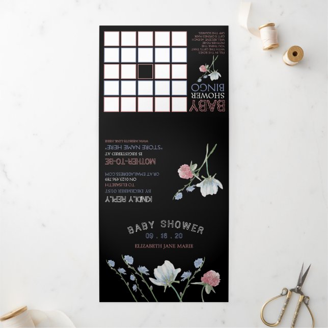Elegant Black, Wildflower Baby Shower Suite Tri-Fold Invitation (Outside)