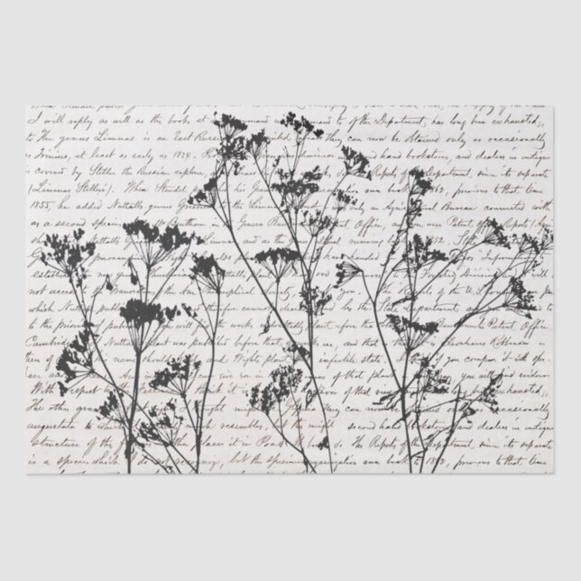 Elegant Black Wildflower Silhouettes Old Script Tissue Paper (Front)