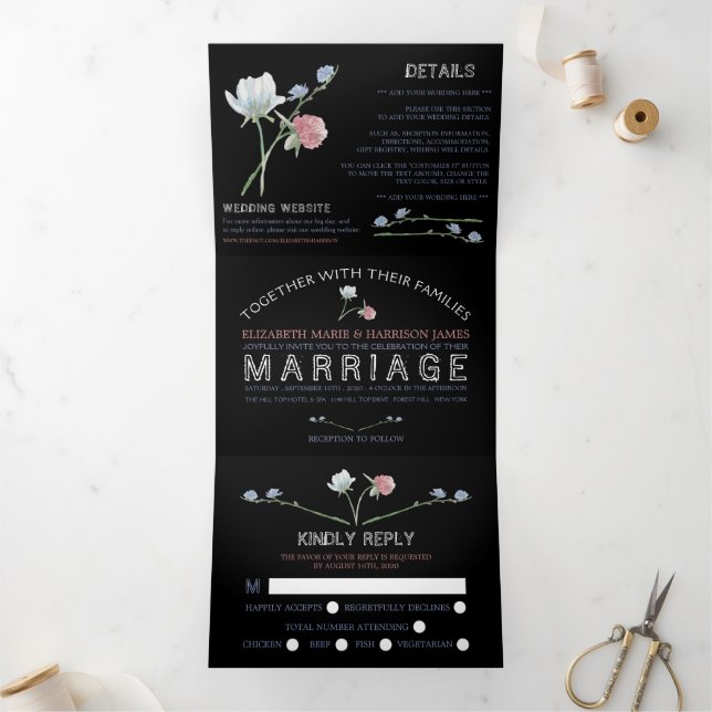 Elegant Black, Wildflower Wedding Suite Tri-Fold Invitation (Inside)