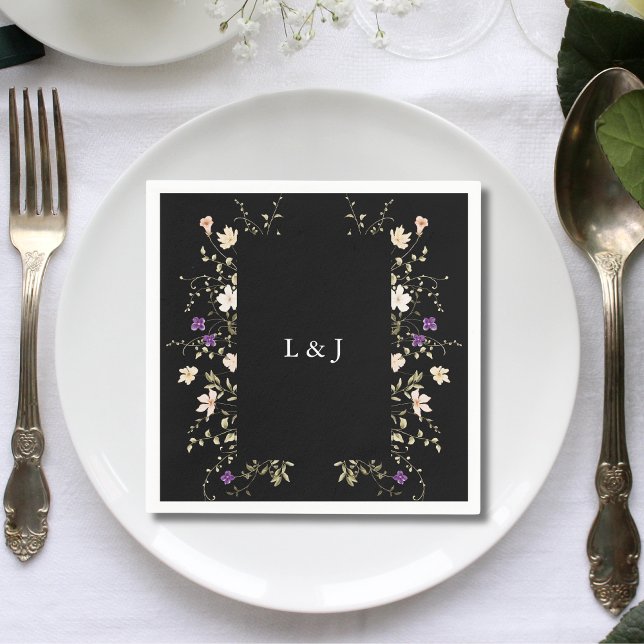 Elegant Black Wildflowers Floral Wedding Napkin (Creator Uploaded)