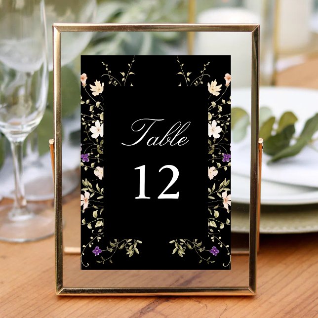 Elegant Black Wildflowers Wedding Calligraphy Table Number (Creator Uploaded)