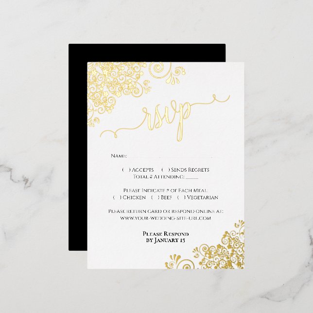 Elegant Black with Gold Foil Wedding RSVP Card (Front/Back)
