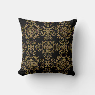Elegant Black with Gold Glitter Damask Design Cushion