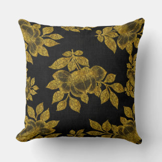Elegant Black with Gold Glitter/Foil Look Floral Cushion