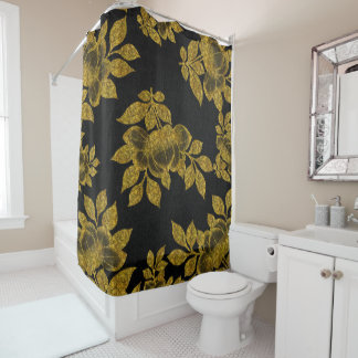 Elegant Black with Gold Glitter/Foil Look Floral Shower Curtain