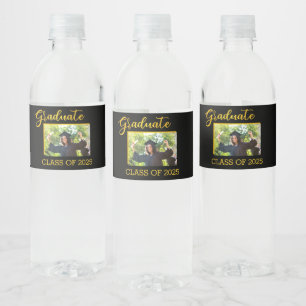 Elegant Black with Gold Glitter Graduate Photo Water Bottle Label