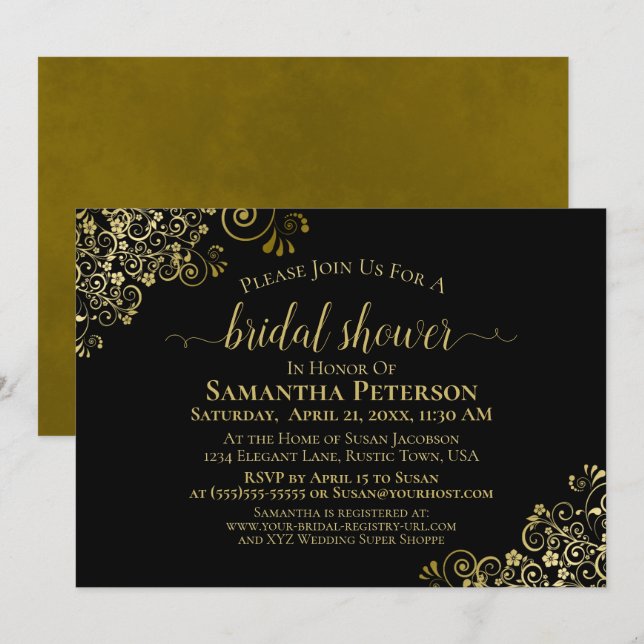 Elegant Black with Gold Lace Frills Bridal Shower Invitation (Front/Back)