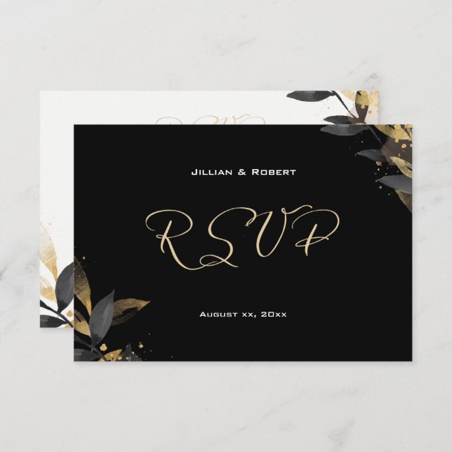 Elegant Black With Gold Wedding RSVP Card (Front/Back)