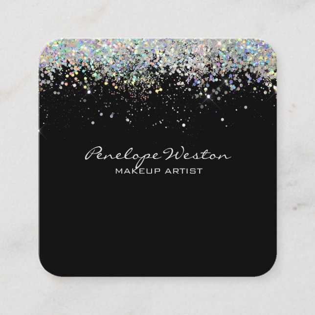 Elegant Black with Silver Glitter  Square Business Card (Front)